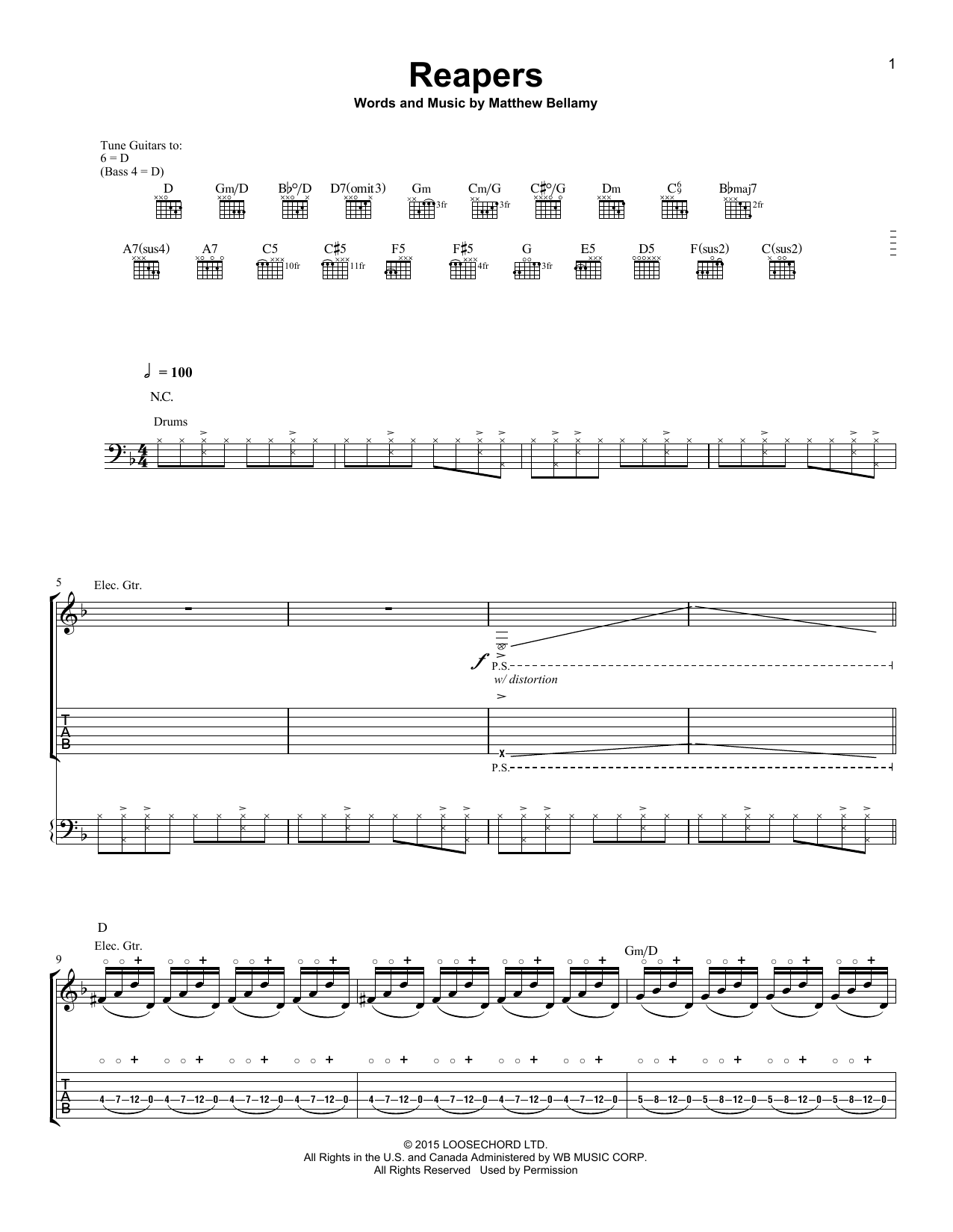 Muse Reapers Sheet Music Notes & Chords for Piano, Vocal & Guitar (Right-Hand Melody) - Download or Print PDF