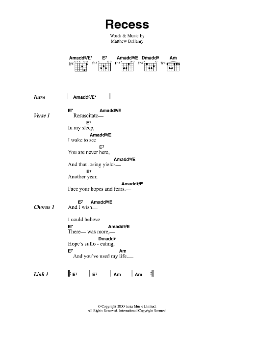 Muse Recess Sheet Music Notes & Chords for Guitar Chords/Lyrics - Download or Print PDF