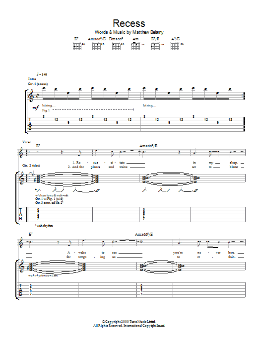 Muse Recess Sheet Music Notes & Chords for Guitar Tab - Download or Print PDF