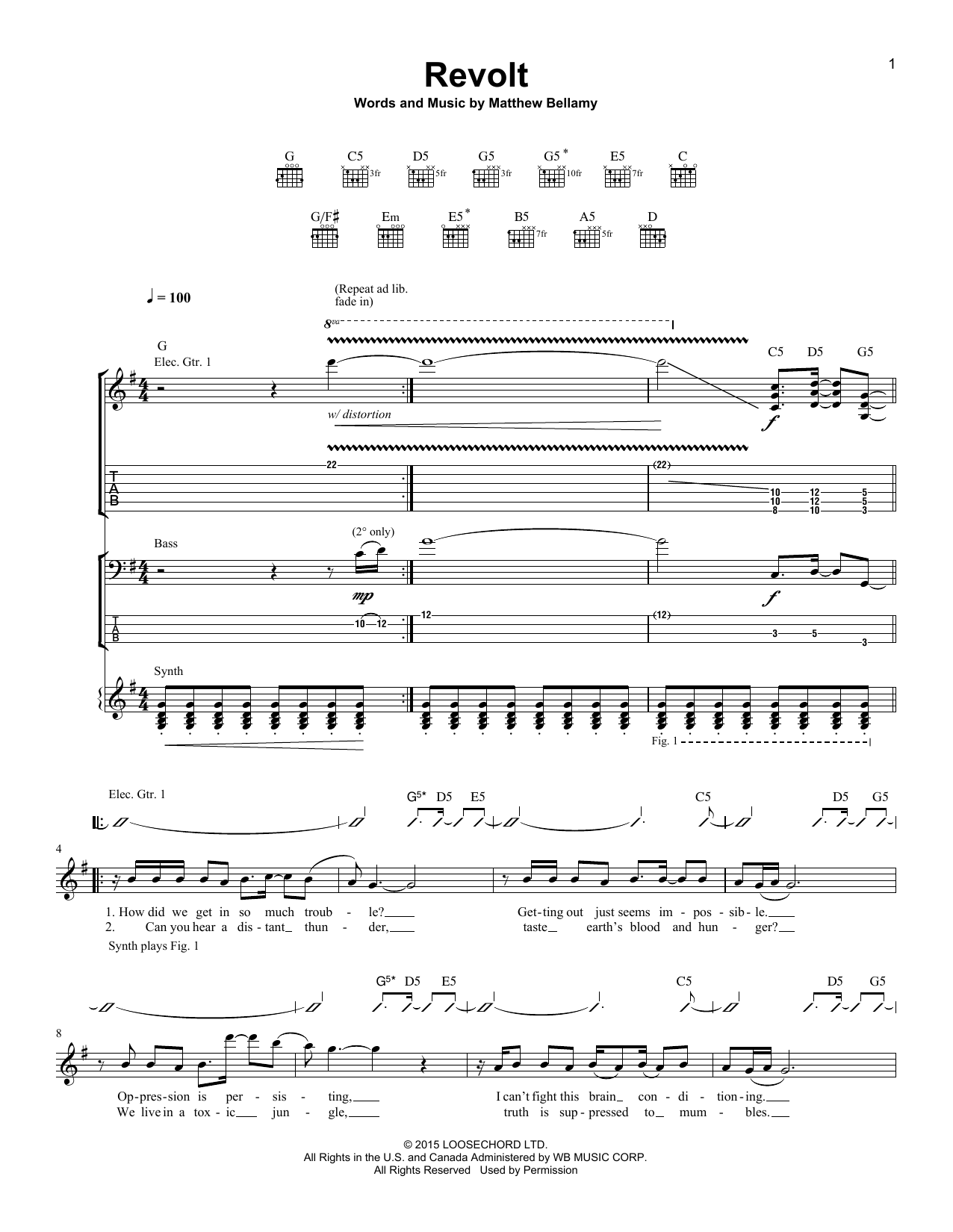 Muse Revolt Sheet Music Notes & Chords for Guitar Tab - Download or Print PDF