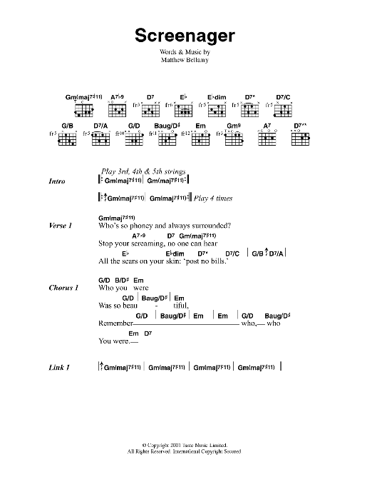 Muse Screenager Sheet Music Notes & Chords for Guitar Chords/Lyrics - Download or Print PDF