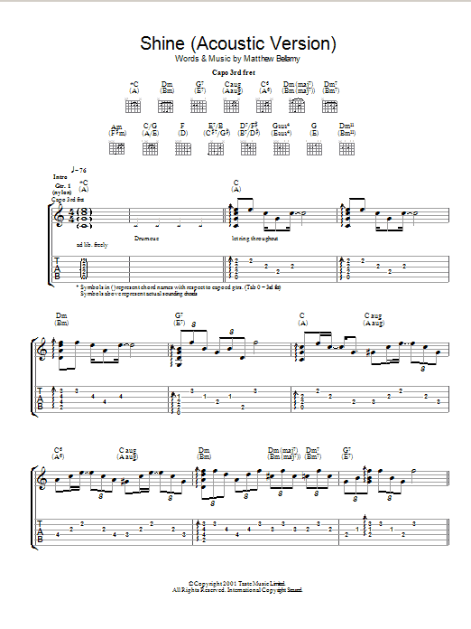 Muse Shine Sheet Music Notes & Chords for Guitar Tab - Download or Print PDF