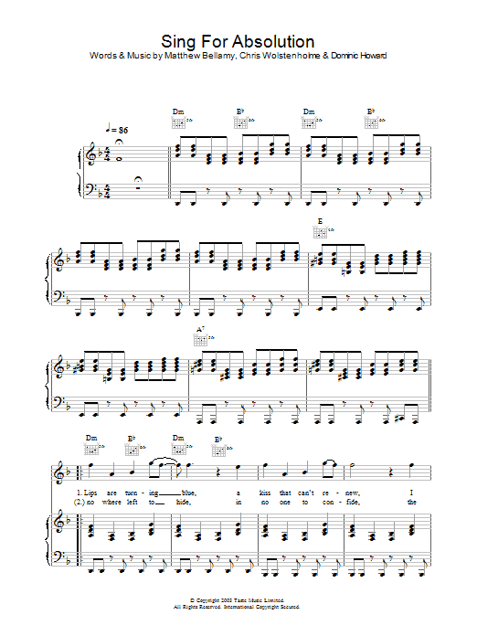 Muse Sing For Absolution Sheet Music Notes & Chords for Piano, Vocal & Guitar (Right-Hand Melody) - Download or Print PDF