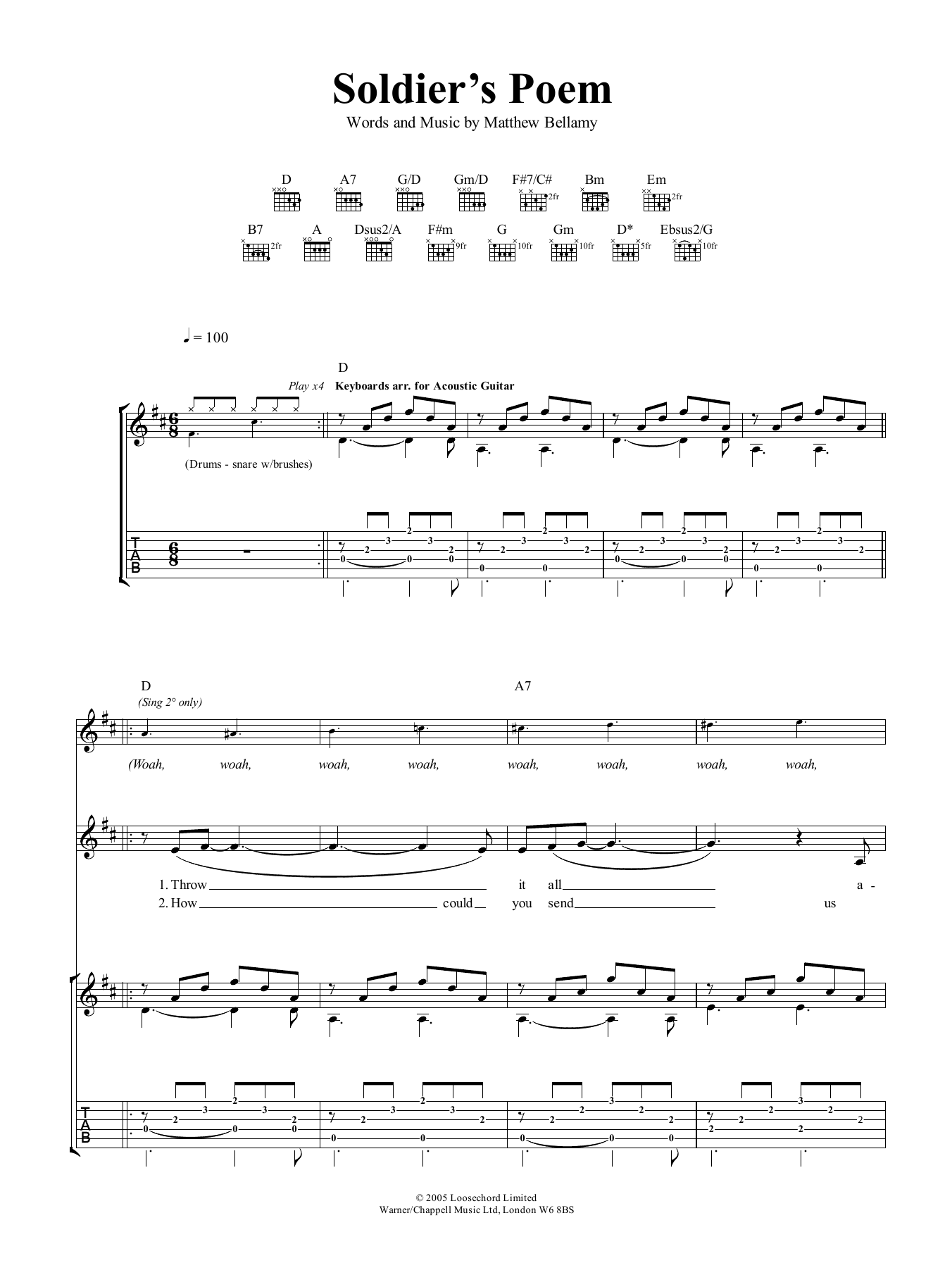 Muse Soldier's Poem Sheet Music Notes & Chords for Guitar Tab - Download or Print PDF