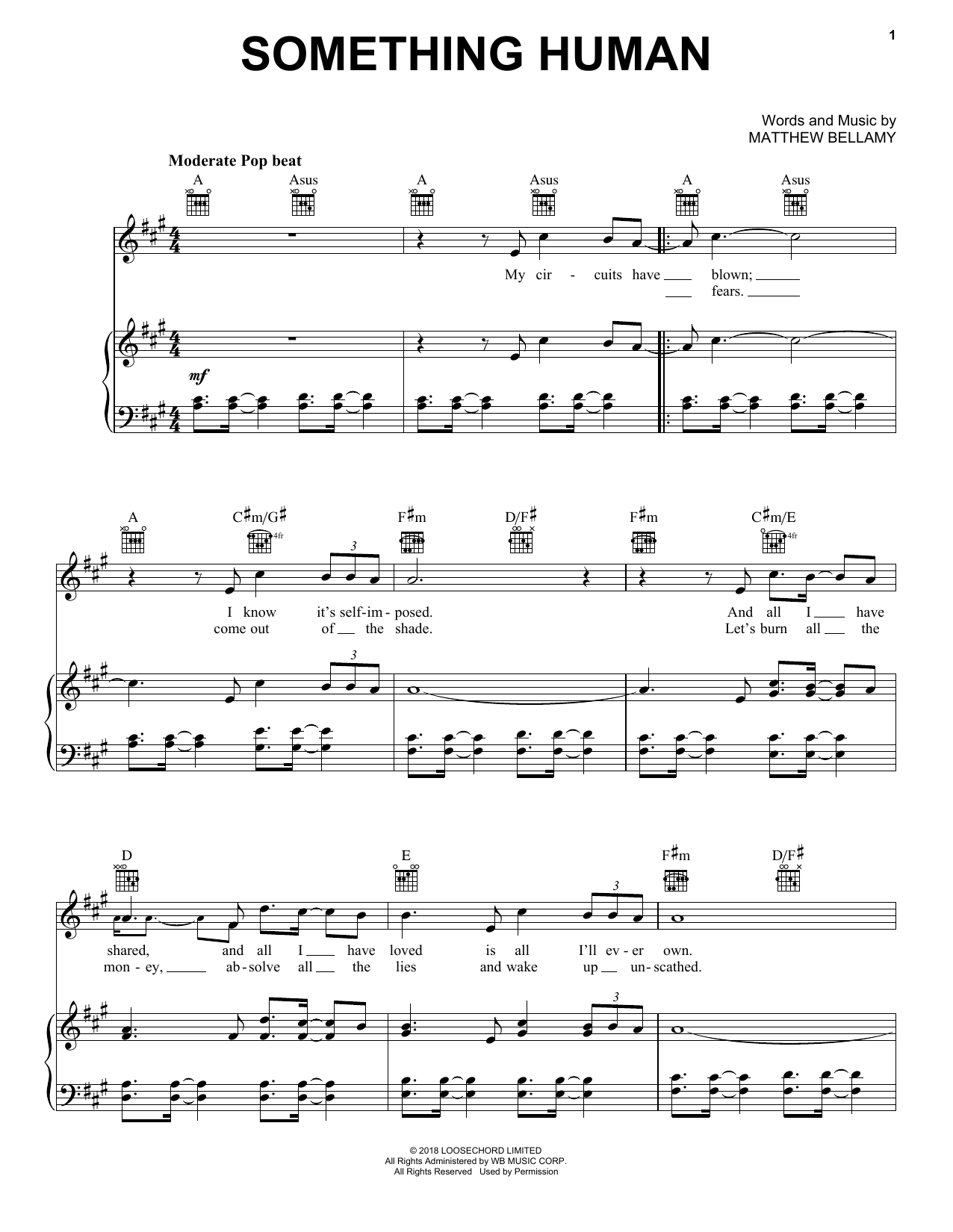 Muse Something Human Sheet Music Notes & Chords for Piano, Vocal & Guitar (Right-Hand Melody) - Download or Print PDF