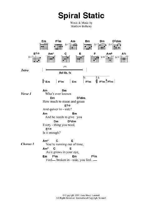 Muse Spiral Static Sheet Music Notes & Chords for Guitar Chords/Lyrics - Download or Print PDF