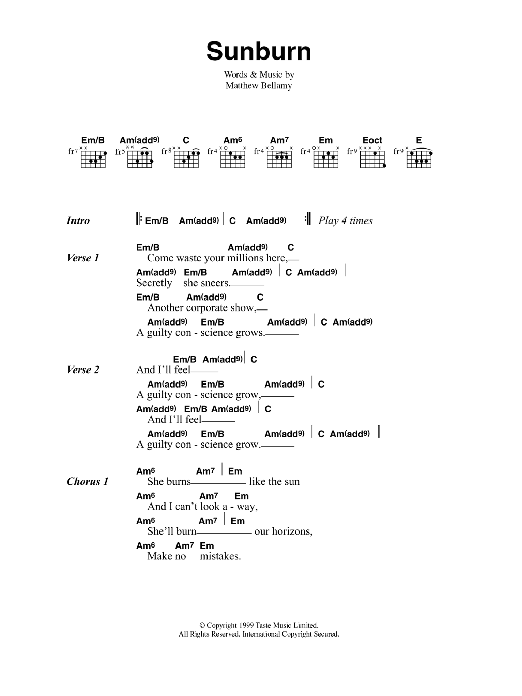 Muse Sunburn Sheet Music Notes & Chords for Guitar Tab - Download or Print PDF