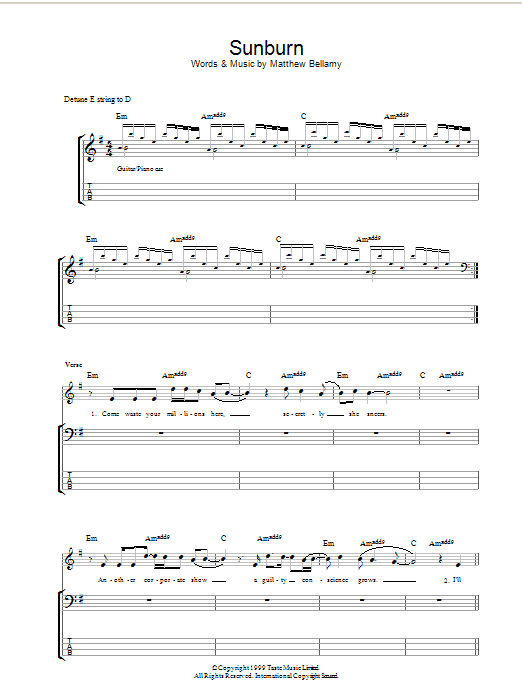 Muse Sunburn Sheet Music Notes & Chords for Bass Guitar Tab - Download or Print PDF