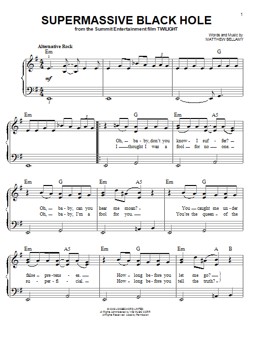 Muse Supermassive Black Hole Sheet Music Notes & Chords for Easy Piano - Download or Print PDF