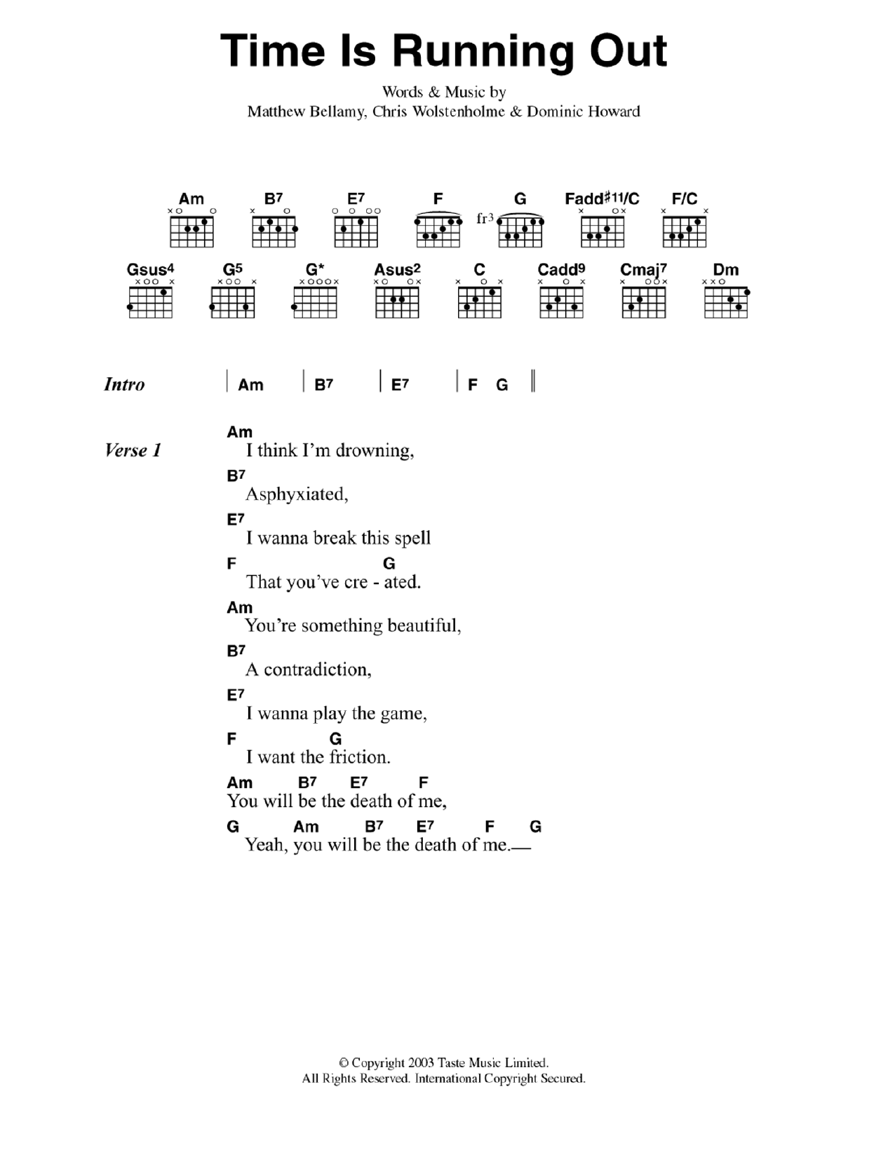 Muse Time Is Running Out Sheet Music Notes & Chords for Easy Piano - Download or Print PDF