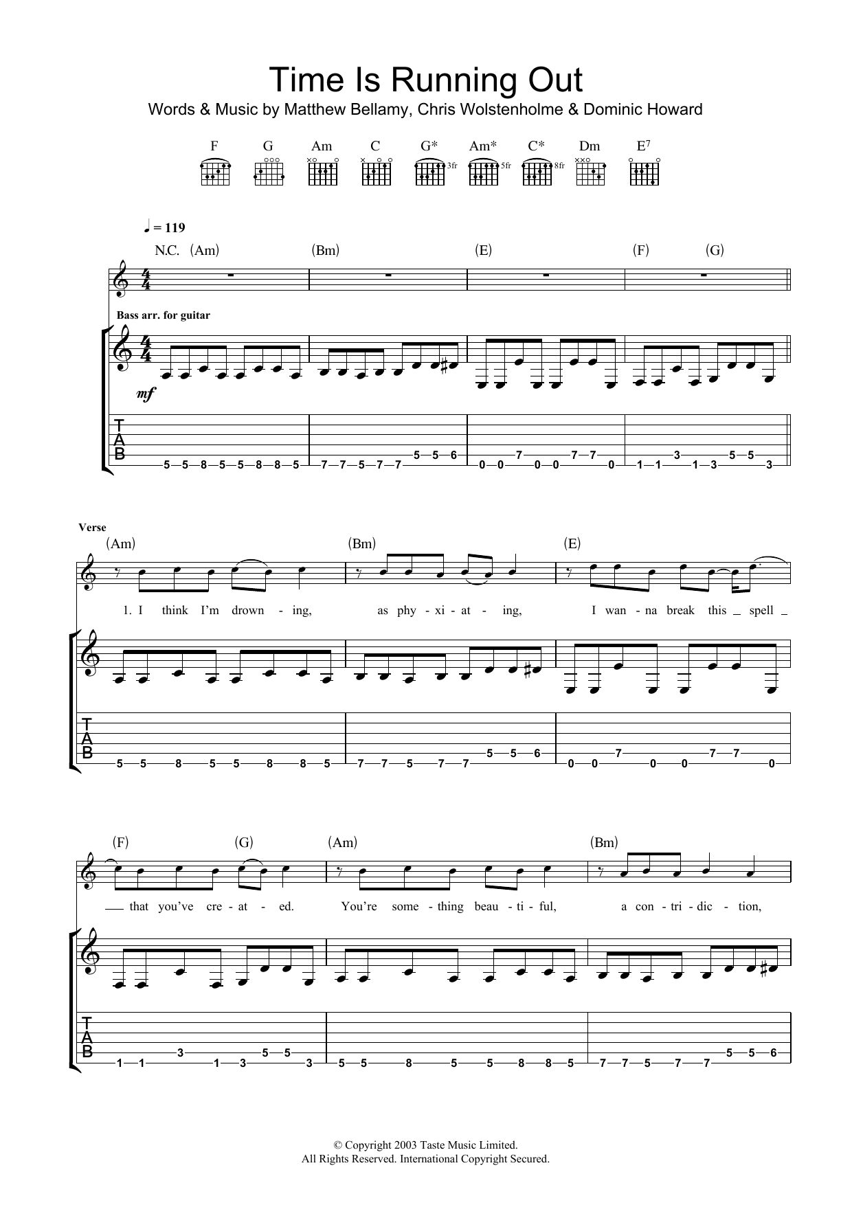 Muse Time Is Running Out Sheet Music Notes & Chords for Melody Line, Lyrics & Chords - Download or Print PDF