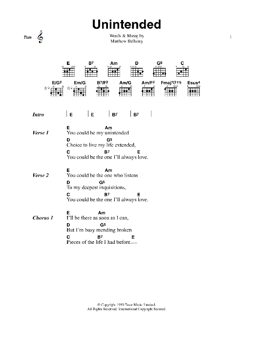 Muse Unintended Sheet Music Notes & Chords for Piano, Vocal & Guitar (Right-Hand Melody) - Download or Print PDF