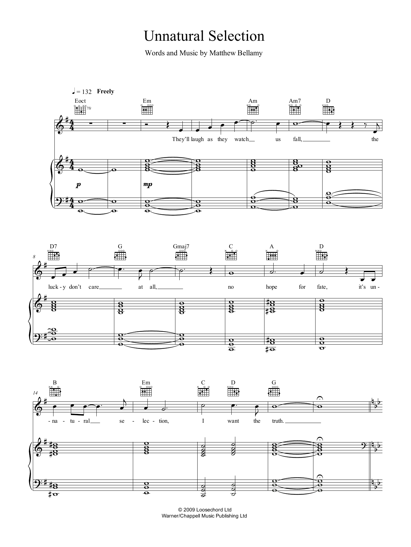 Muse Unnatural Selection Sheet Music Notes & Chords for Piano, Vocal & Guitar (Right-Hand Melody) - Download or Print PDF
