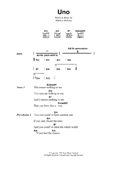 Muse Uno Sheet Music Notes & Chords for Guitar Chords/Lyrics - Download or Print PDF