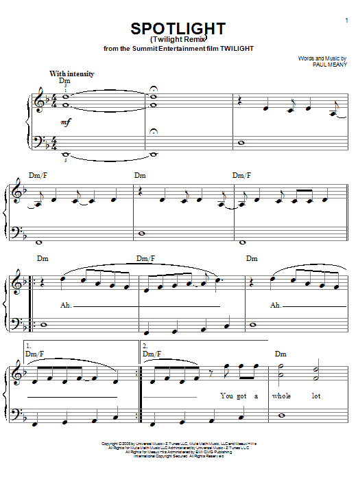 Mute Math Spotlight (Twilight Remix) Sheet Music Notes & Chords for Easy Piano - Download or Print PDF