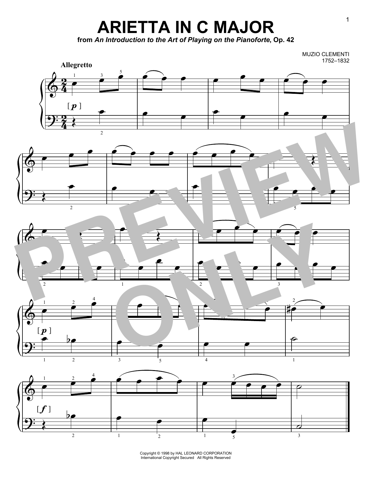 Muzio Clementi Arietta In C Major Sheet Music Notes & Chords for Easy Piano - Download or Print PDF