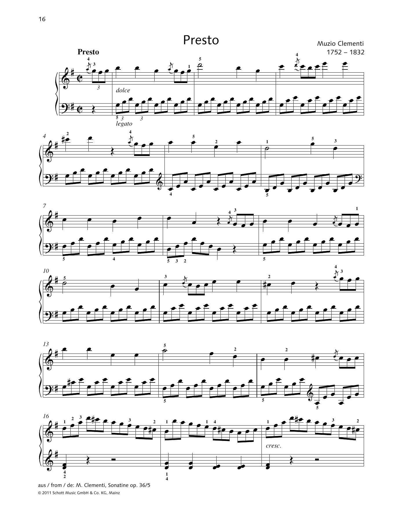 Muzio Clementi Presto Sheet Music Notes & Chords for Piano Solo - Download or Print PDF