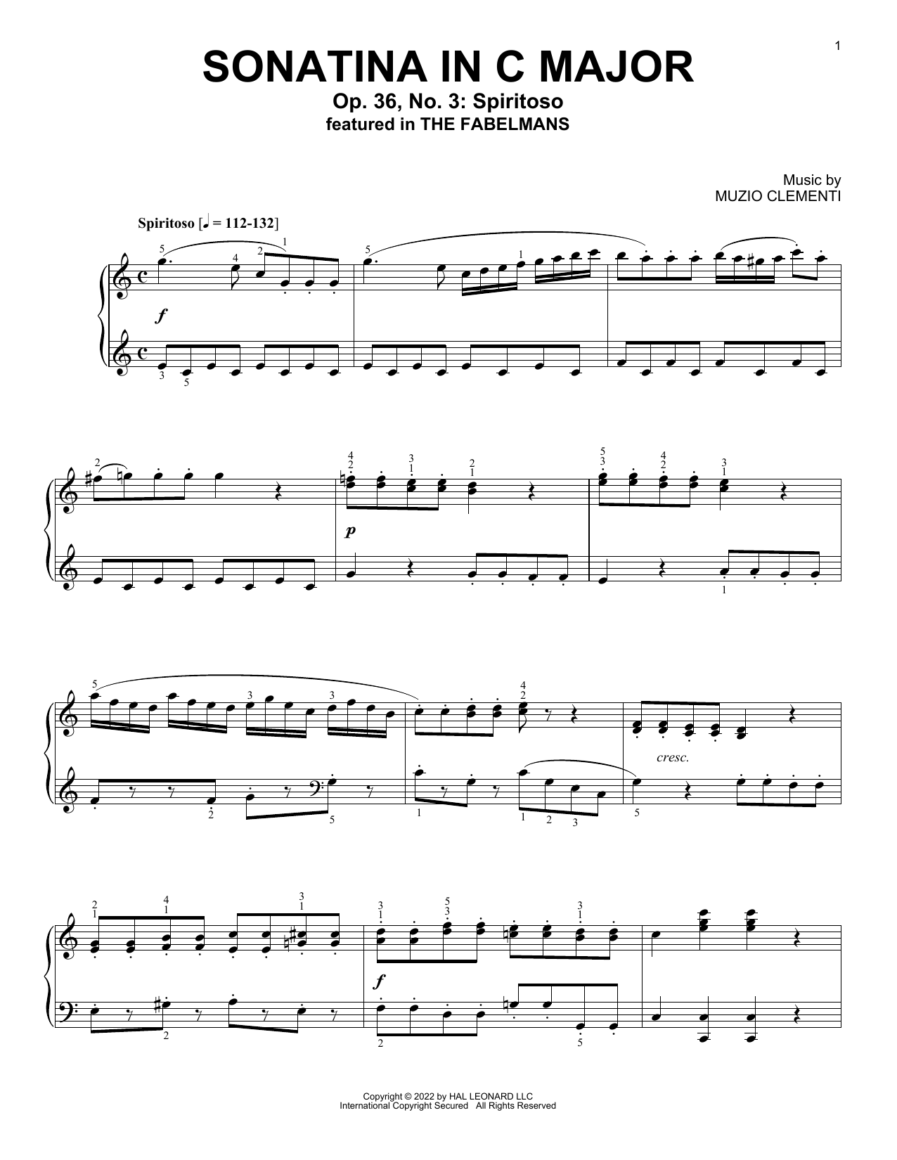 Muzio Clementi Sonatina In C Major (Op. 36, No. 3: Spiritoso) Sheet Music Notes & Chords for Piano Solo - Download or Print PDF