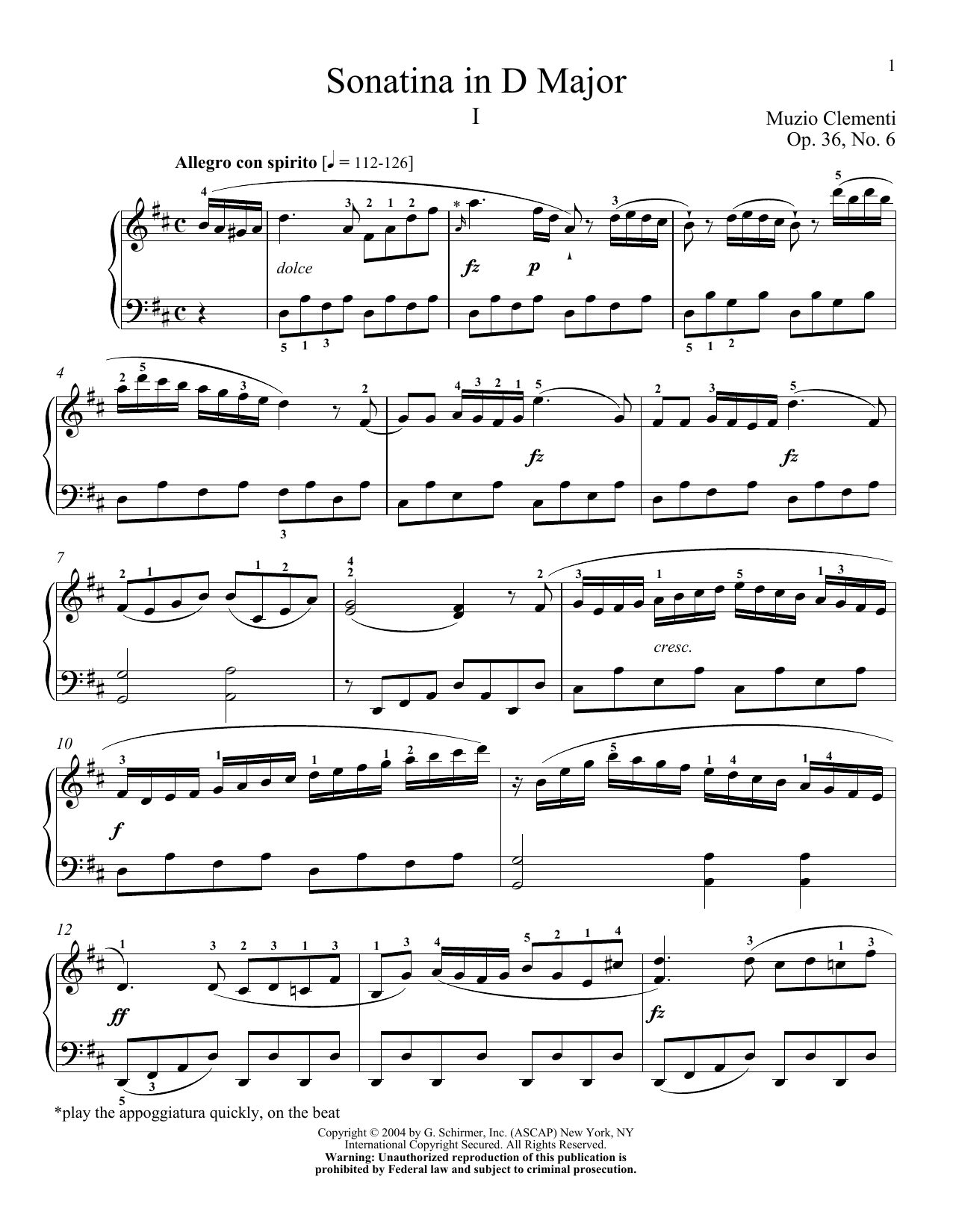 Muzio Clementi Sonatina In D Major, Op. 36, No. 6 Sheet Music Notes & Chords for Piano Solo - Download or Print PDF