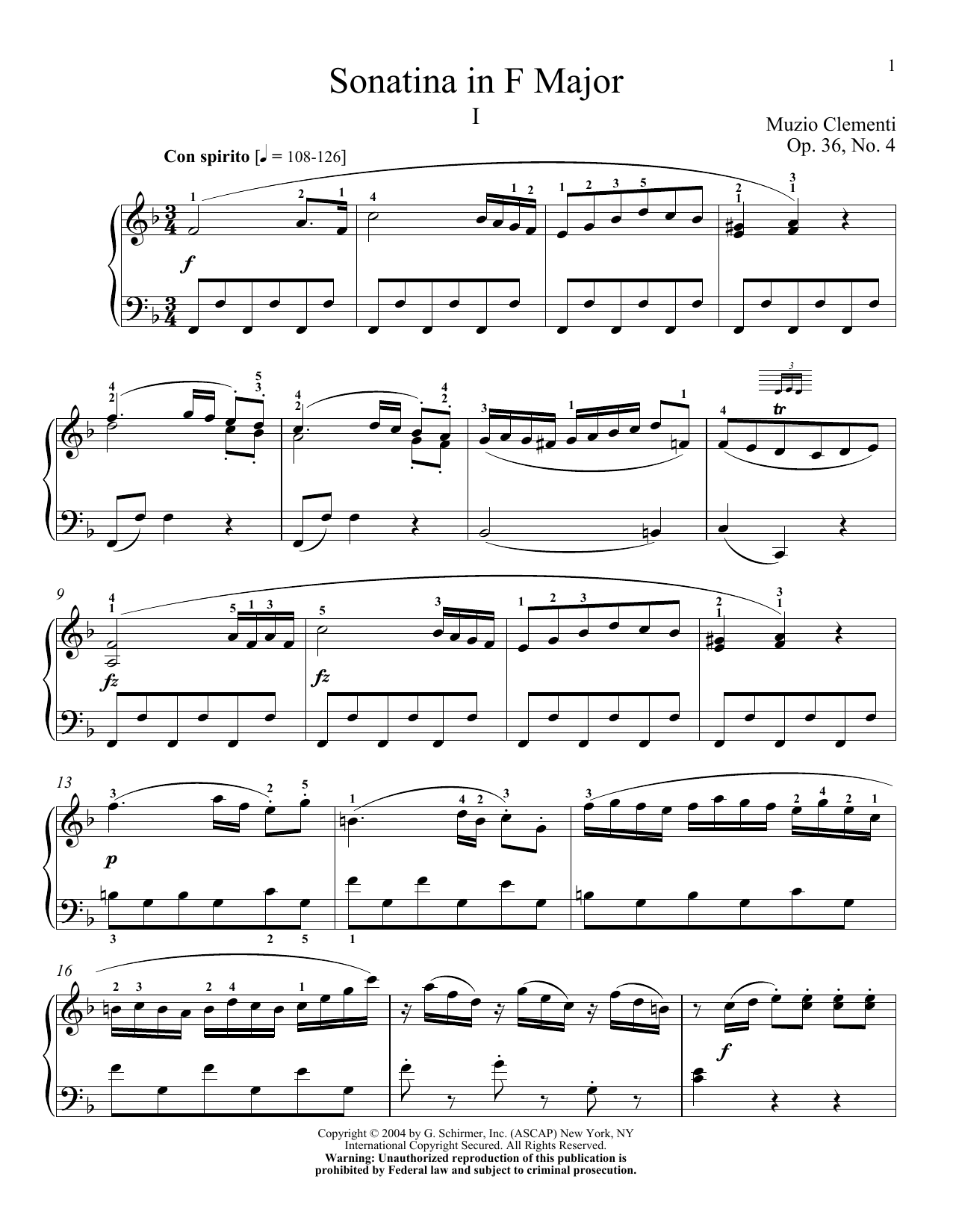 Muzio Clementi Sonatina In F Major, Op. 36, No. 4 Sheet Music Notes & Chords for Piano - Download or Print PDF
