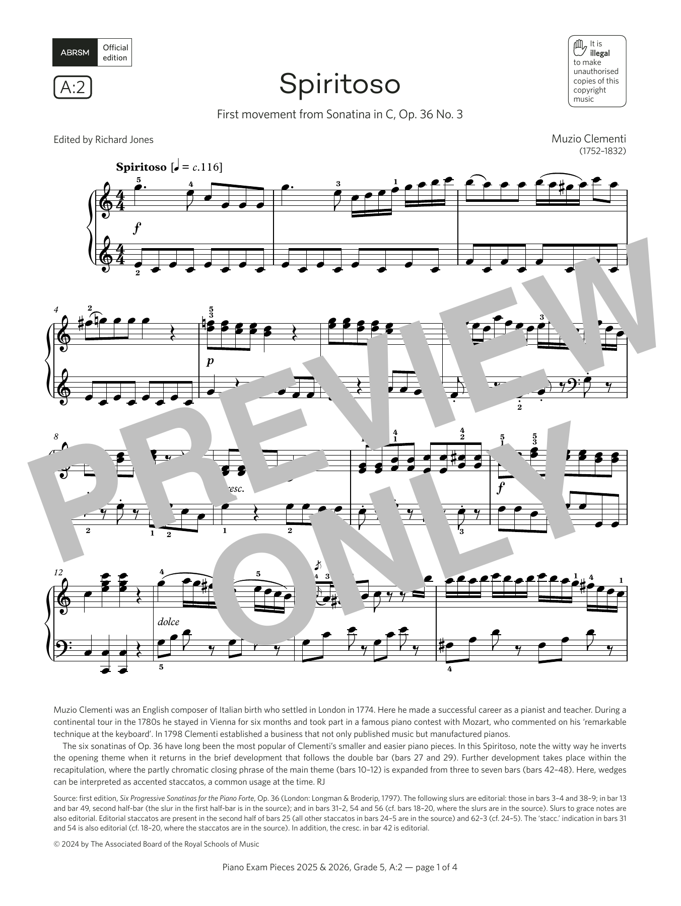 Muzio Clementi Spiritoso (Grade 5, list A2, from the ABRSM Piano Syllabus 2025 & 2026) Sheet Music Notes & Chords for Piano Solo - Download or Print PDF