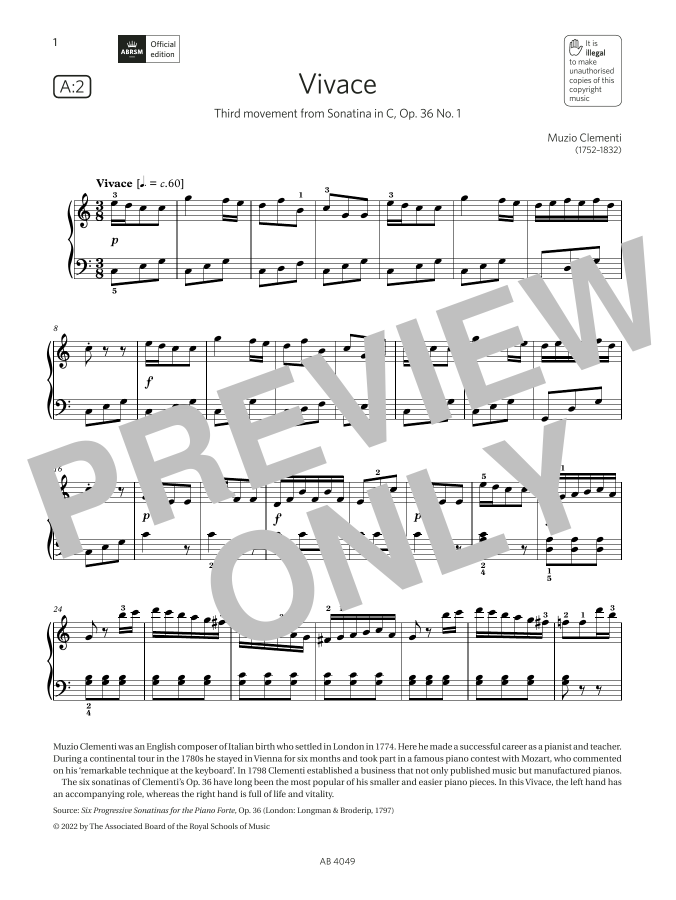Muzio Clementi Vivace (Grade 3, list A2, from the ABRSM Piano Syllabus 2023 & 2024) Sheet Music Notes & Chords for Piano Solo - Download or Print PDF