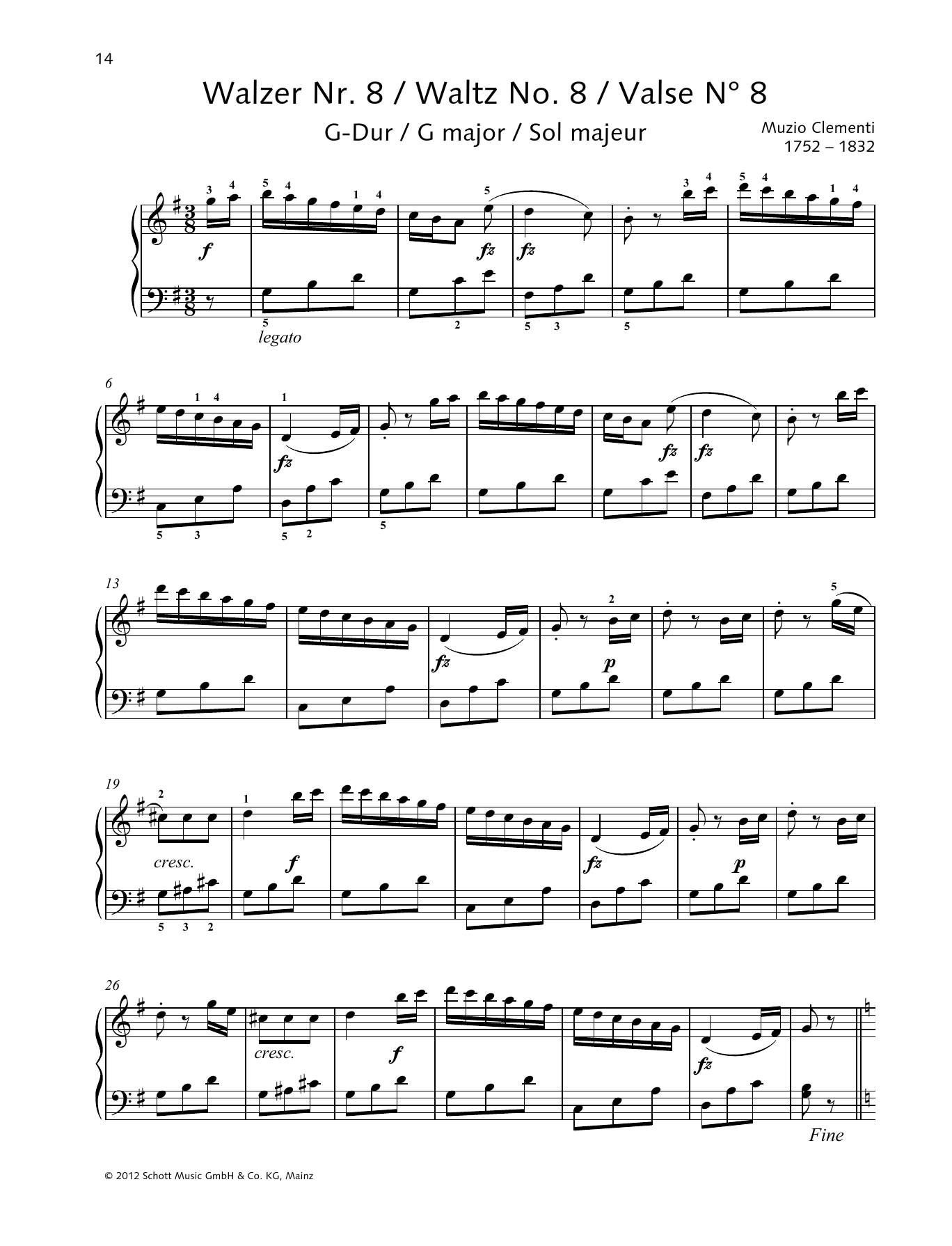 Muzio Clementi Waltz No. 8 G major Sheet Music Notes & Chords for Piano Solo - Download or Print PDF