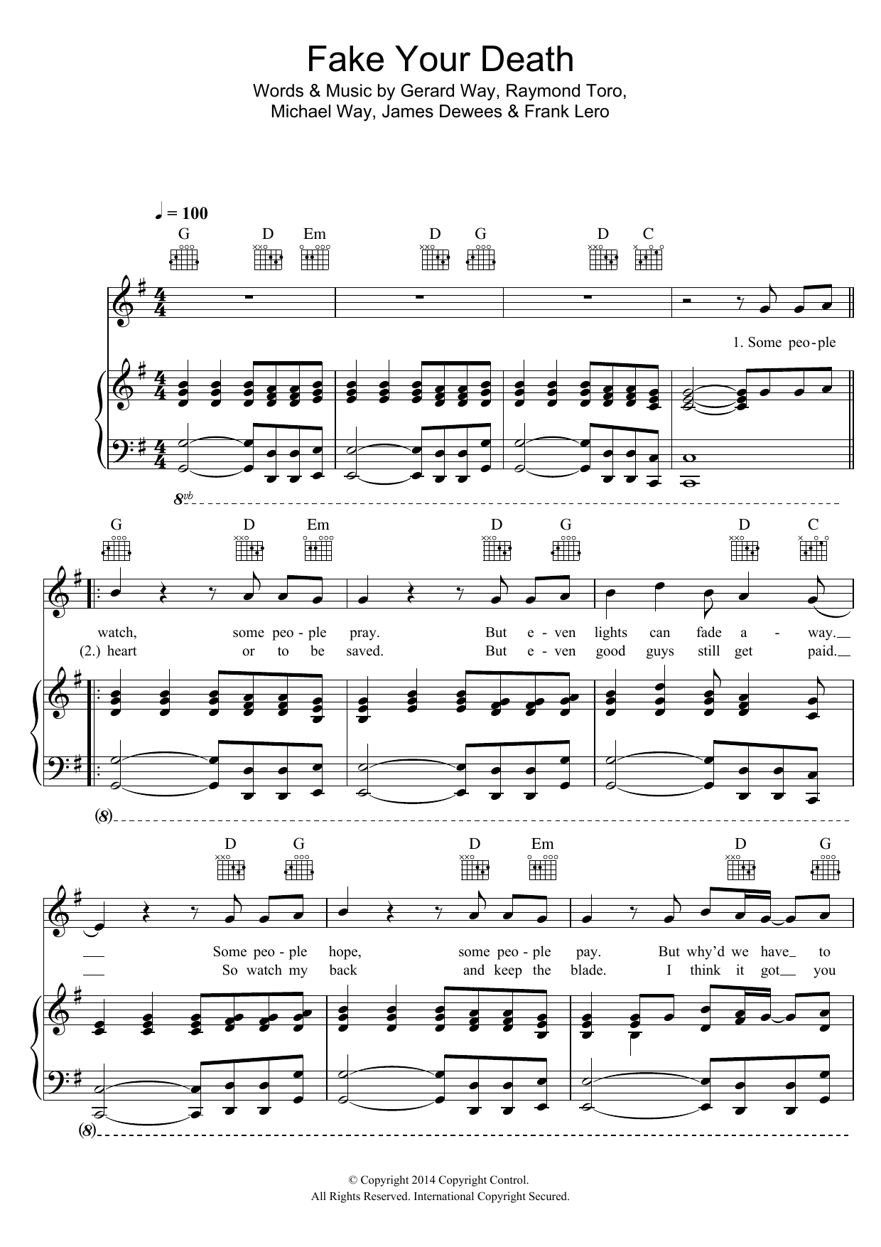 My Chemical Romance Fake Your Death Sheet Music Notes & Chords for Piano, Vocal & Guitar (Right-Hand Melody) - Download or Print PDF