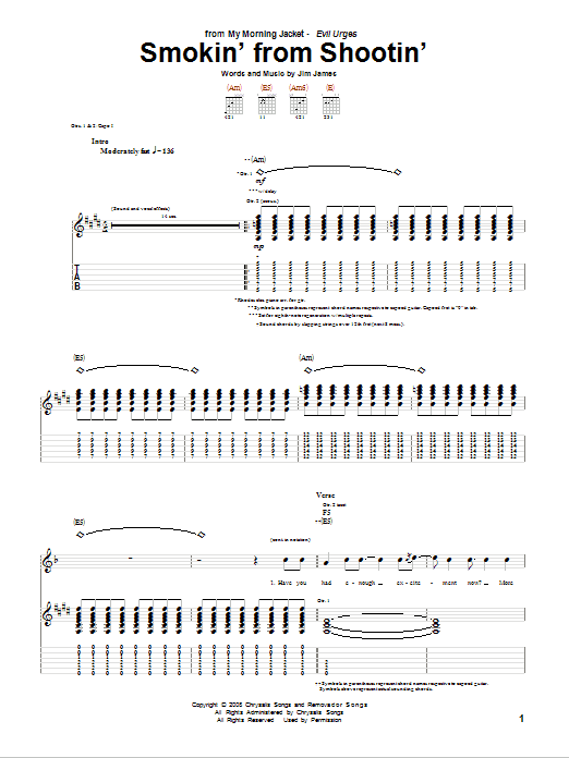 My Morning Jacket Smokin' From Shootin' Sheet Music Notes & Chords for Guitar Tab - Download or Print PDF