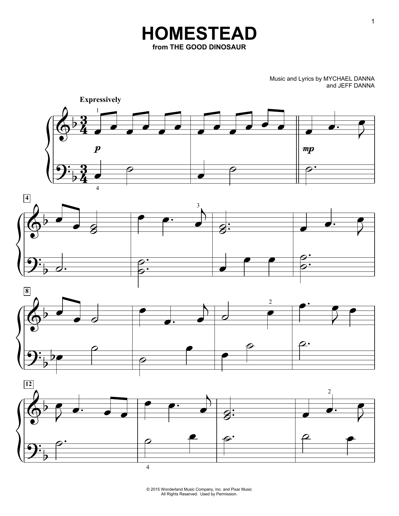 Mychael Danna and Jeff Danna Homestead (from The Good Dinosaur) Sheet Music Notes & Chords for Big Note Piano - Download or Print PDF