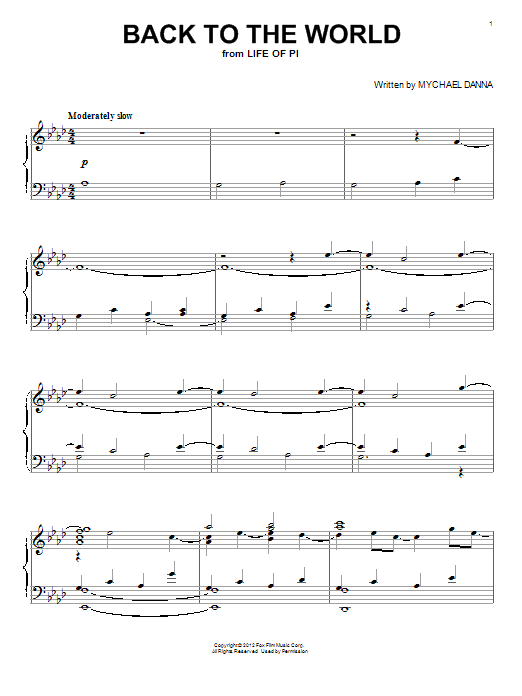 Mychael Danna Back To The World Sheet Music Notes & Chords for Piano - Download or Print PDF