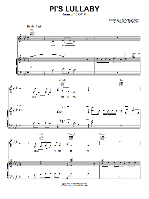 Mychael Danna Pi's Lullaby Sheet Music Notes & Chords for Piano, Vocal & Guitar (Right-Hand Melody) - Download or Print PDF