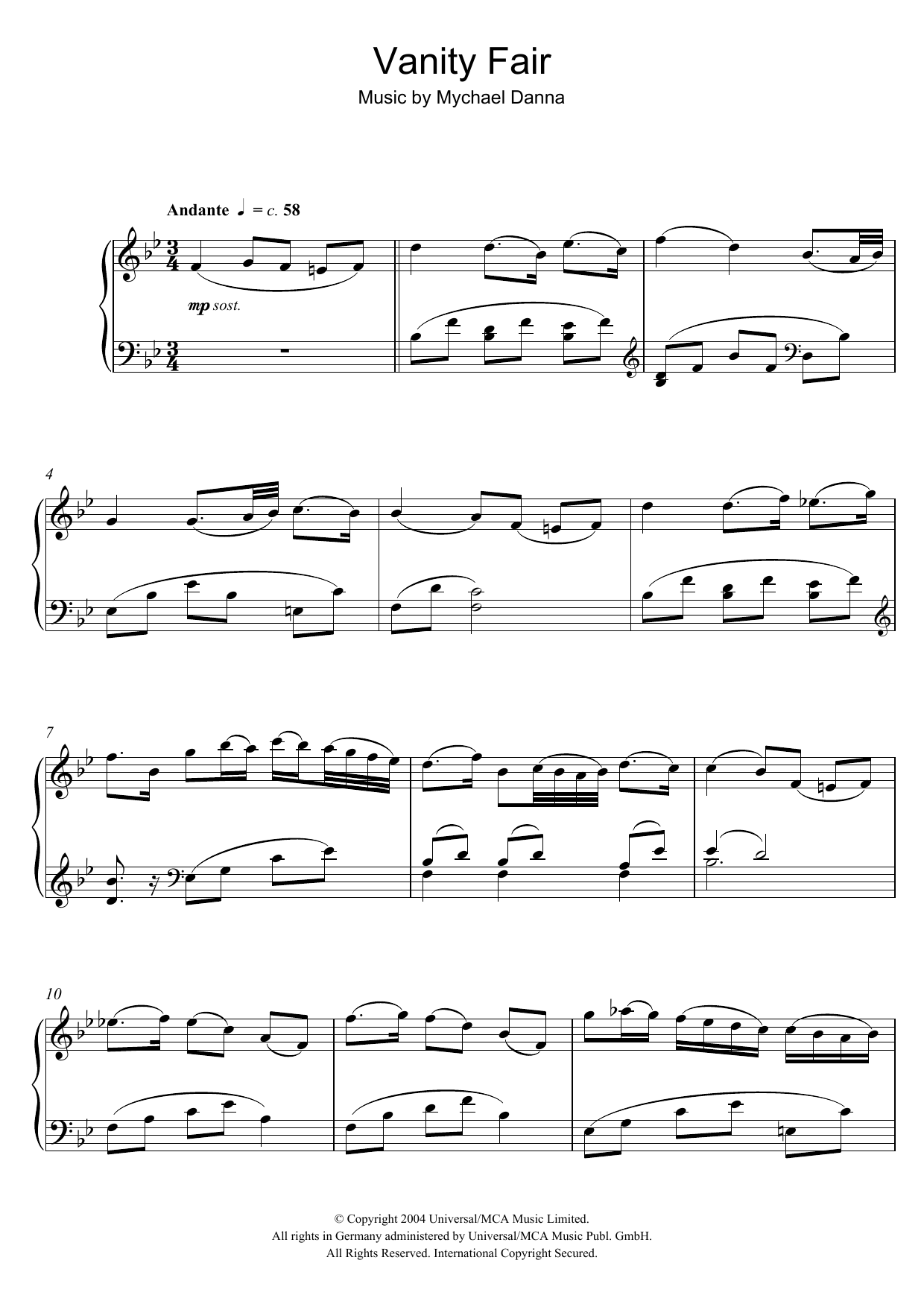 Mychael Danna Vanity Fair (She Walks In Beauty/Andante/Adagio/Vanity's Conqueror) Sheet Music Notes & Chords for Piano - Download or Print PDF