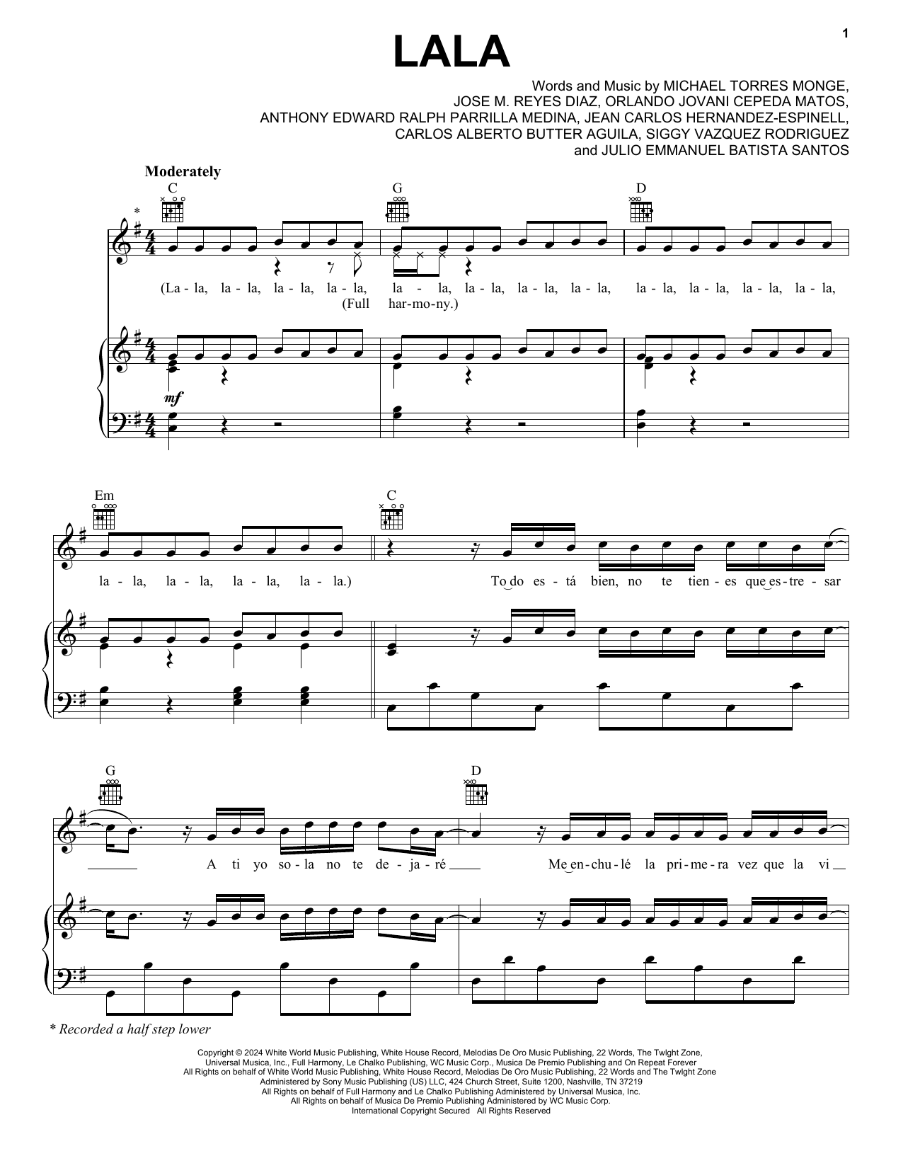 Myke Towers LALA Sheet Music Notes & Chords for Piano, Vocal & Guitar Chords (Right-Hand Melody) - Download or Print PDF