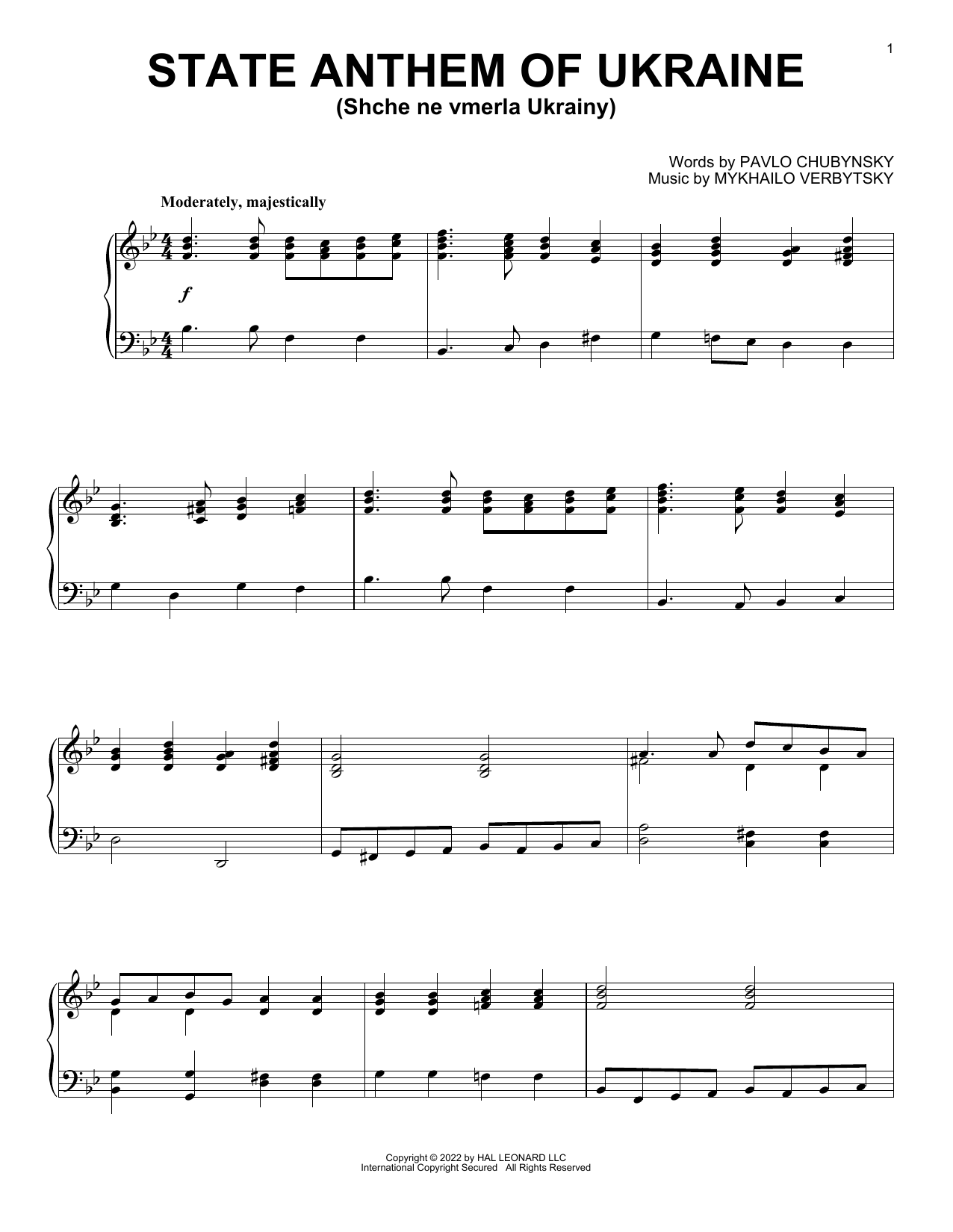Mykhailo Verbytsky and Pavlo Chubynsky State Anthem Of Ukraine (Shche ne vmerla Ukrainy) Sheet Music Notes & Chords for Piano Solo - Download or Print PDF
