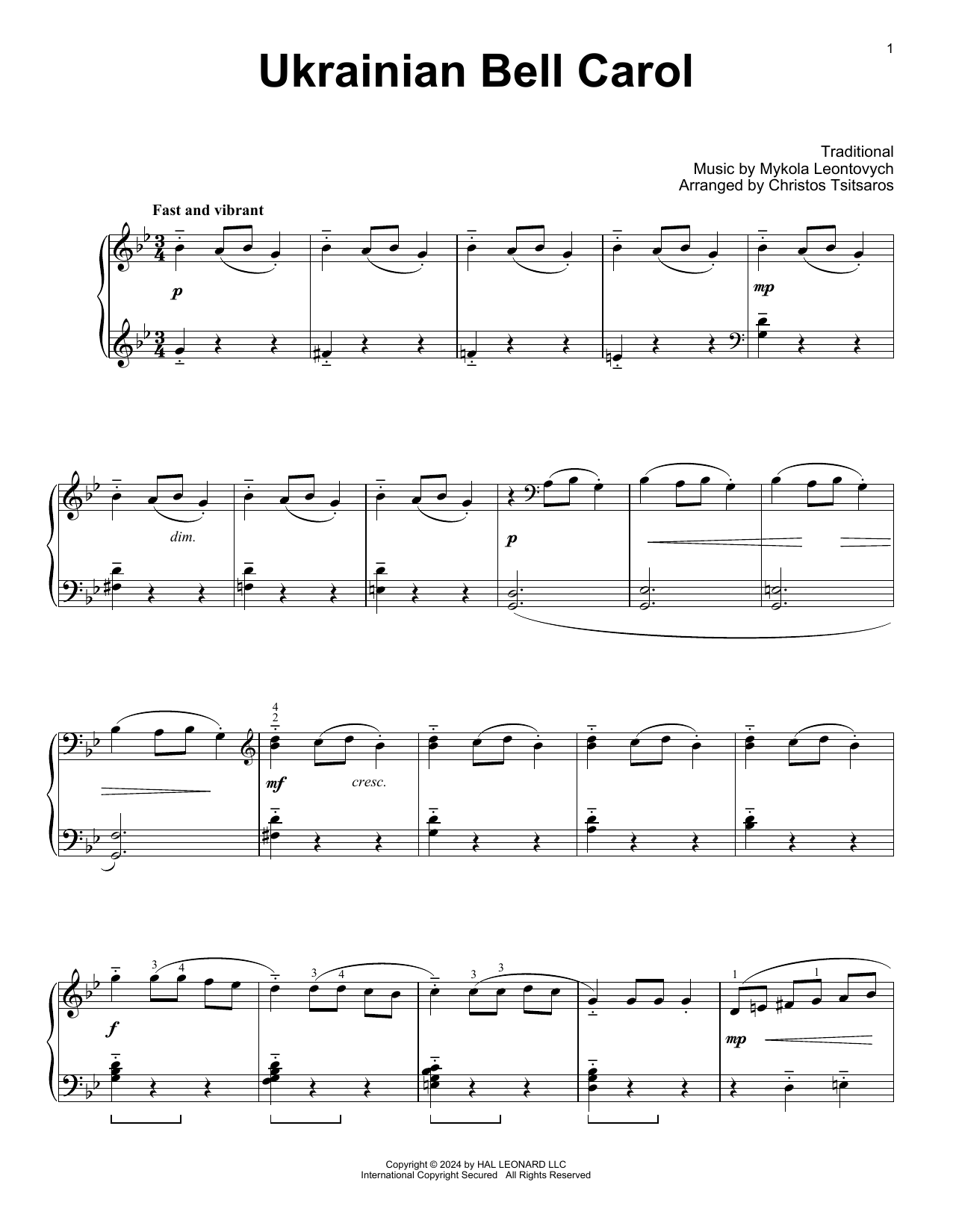 Mykola Leontovych Ukrainian Bell Carol (arr. Christos Tsitsaros) Sheet Music Notes & Chords for Easy Piano Solo - Download or Print PDF