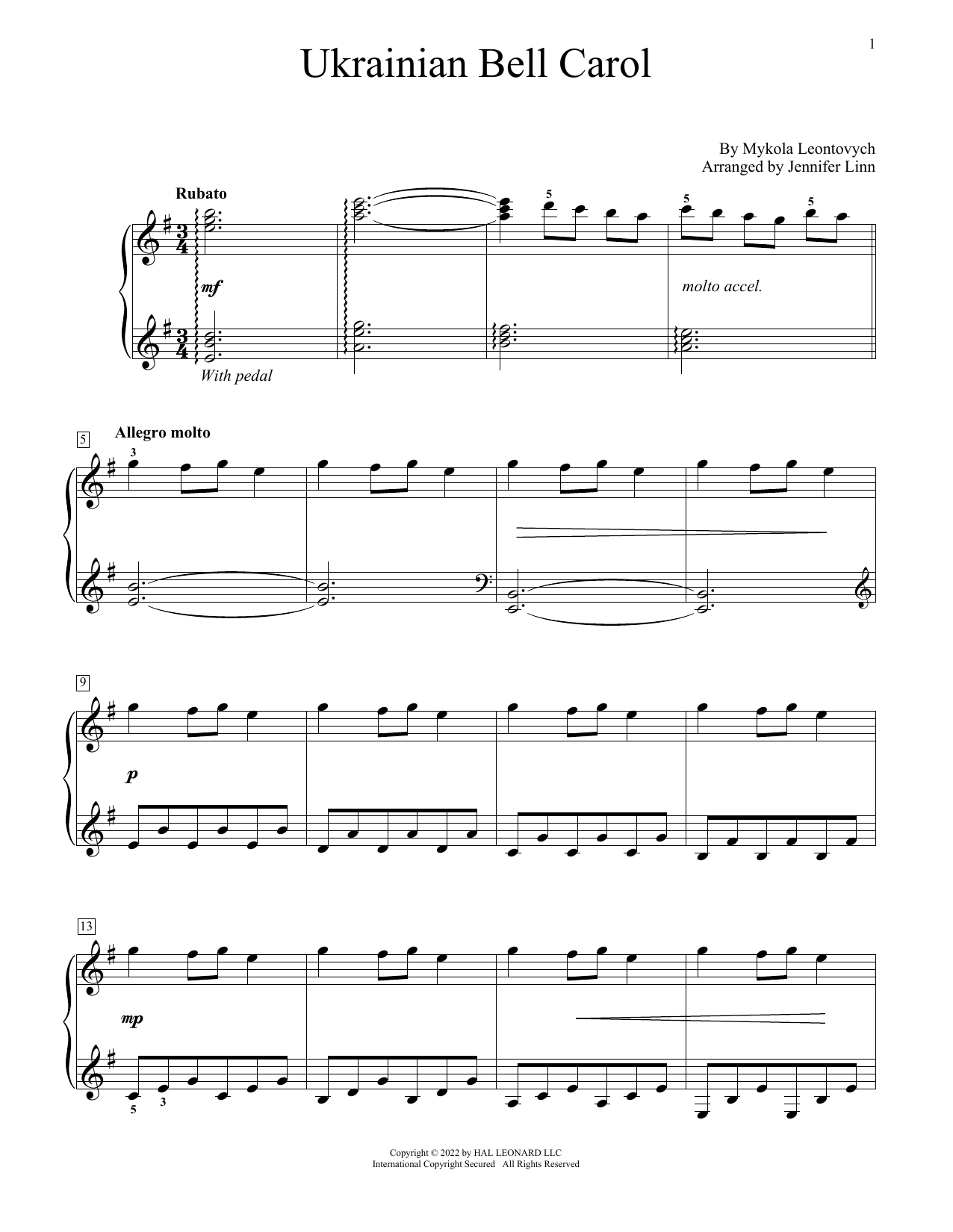 Mykola Leontovych Ukrainian Bell Carol (arr. Jennifer Linn) Sheet Music Notes & Chords for Educational Piano - Download or Print PDF