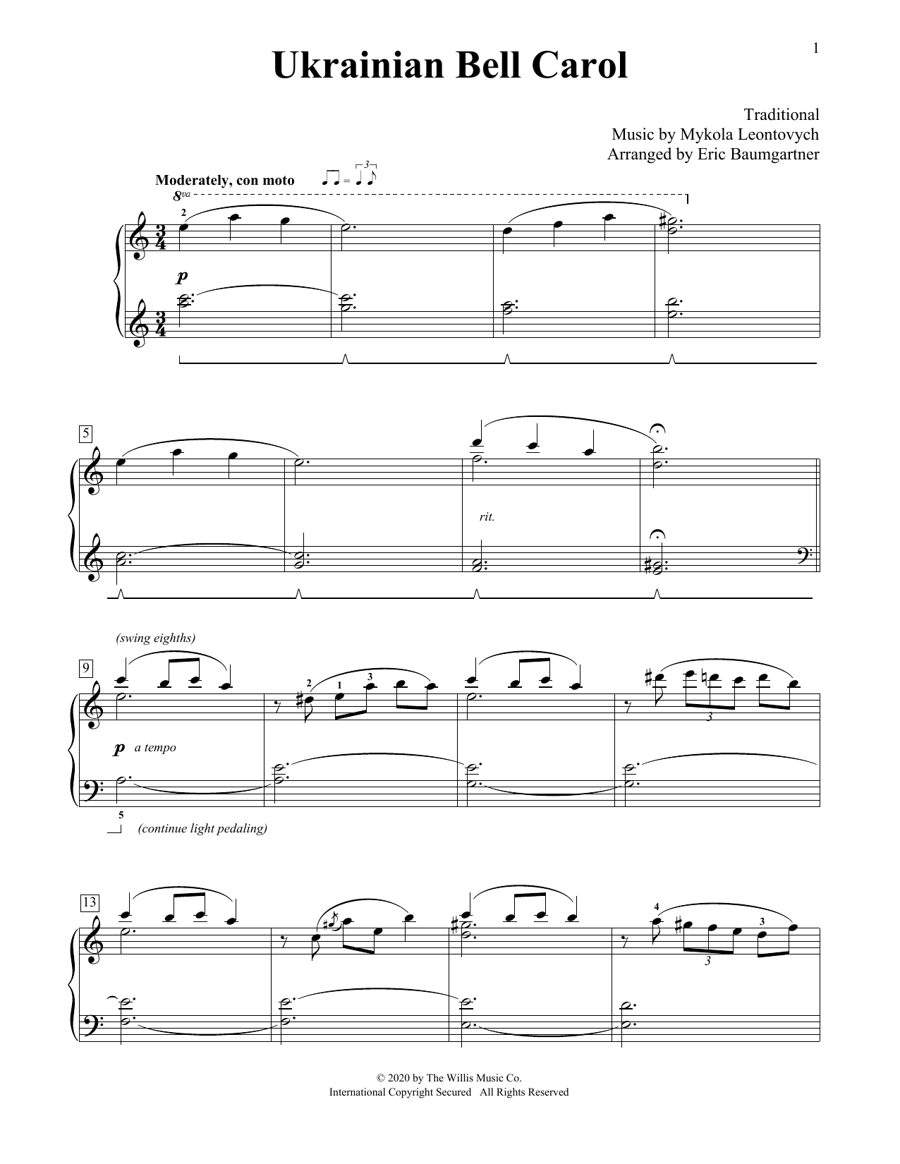 Mykola Leontovych Ukrainian Bell Carol [Jazz version] (arr. Eric Baumgartner) Sheet Music Notes & Chords for Educational Piano - Download or Print PDF