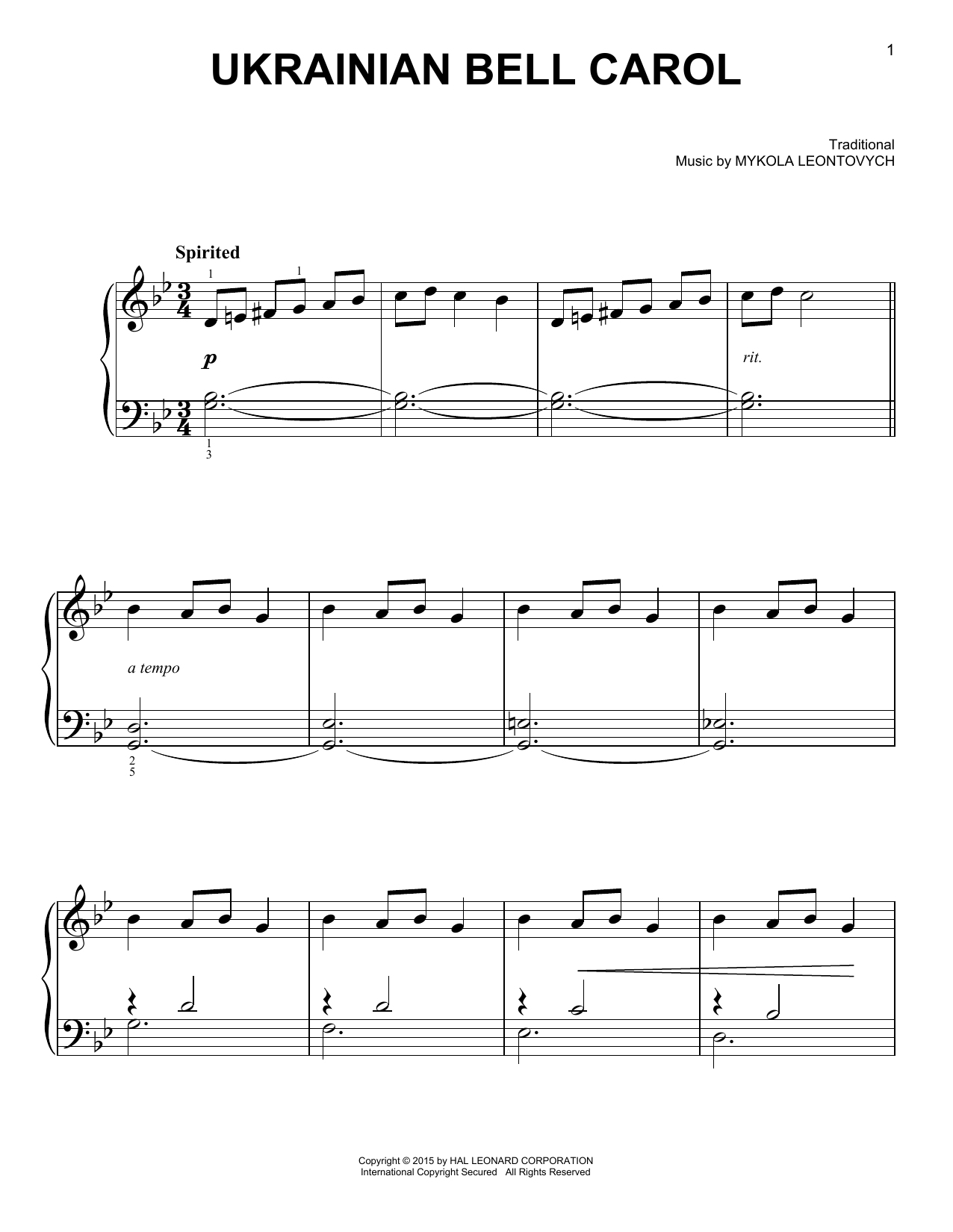 Mykola Leontovych Ukrainian Bell Carol Sheet Music Notes & Chords for Piano Solo - Download or Print PDF