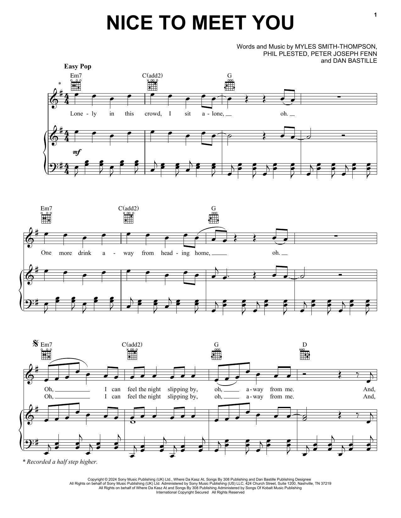 Myles Smith Nice To Meet You Sheet Music Notes & Chords for Piano, Vocal & Guitar Chords (Right-Hand Melody) - Download or Print PDF