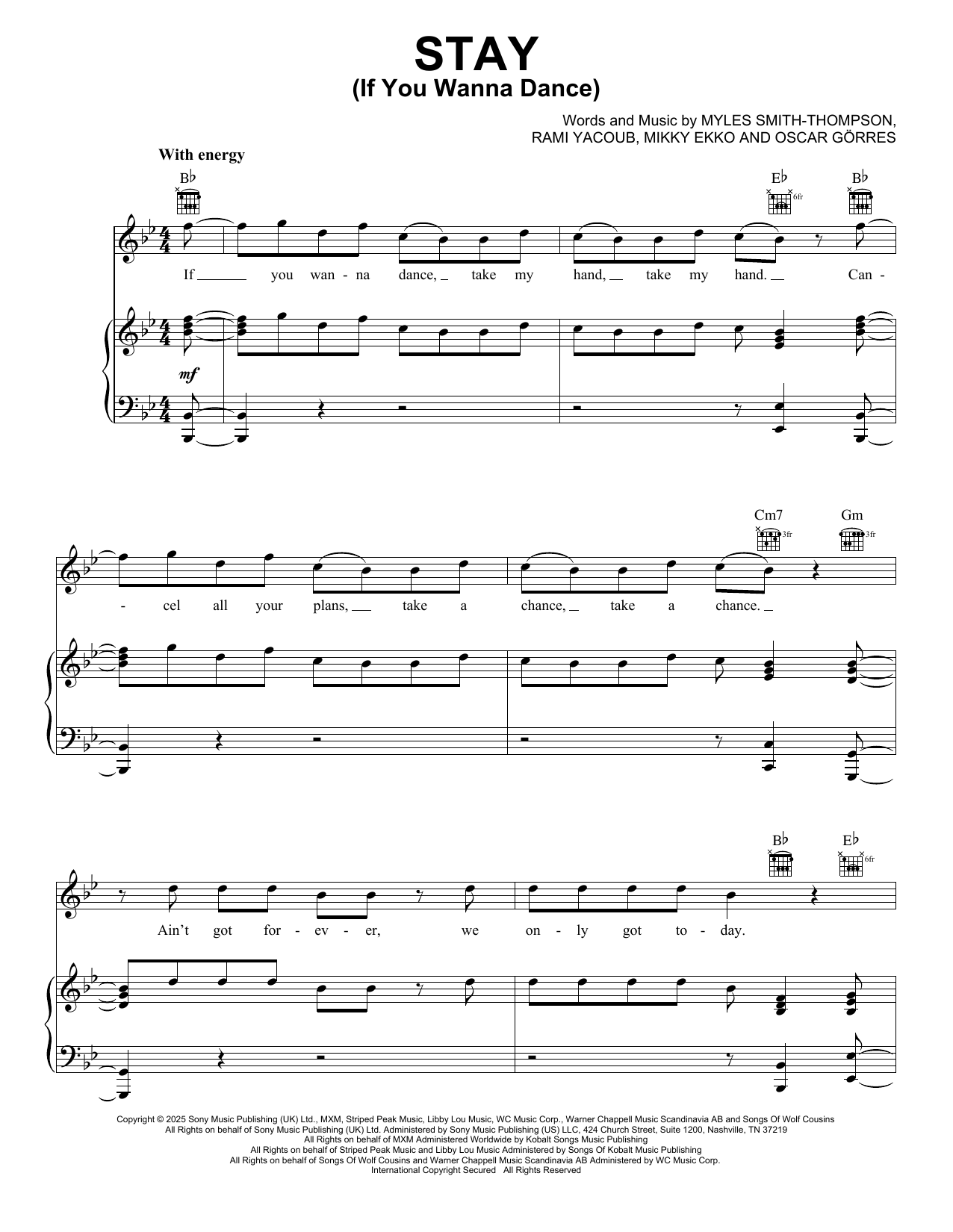 Myles Smith Stay (If You Wanna Dance) Sheet Music Notes & Chords for Piano, Vocal & Guitar Chords (Right-Hand Melody) - Download or Print PDF
