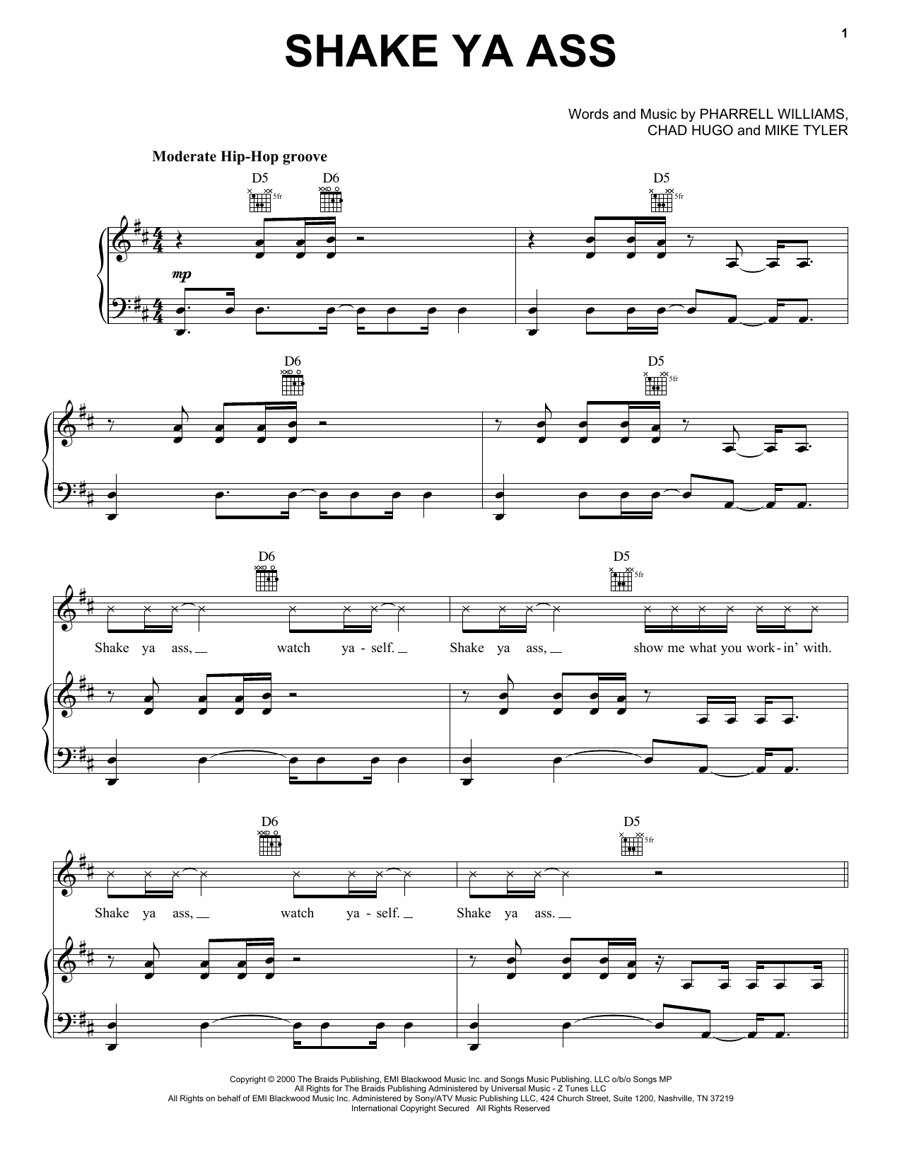 Mystikal Shake Ya Ass Sheet Music Notes & Chords for Piano, Vocal & Guitar (Right-Hand Melody) - Download or Print PDF