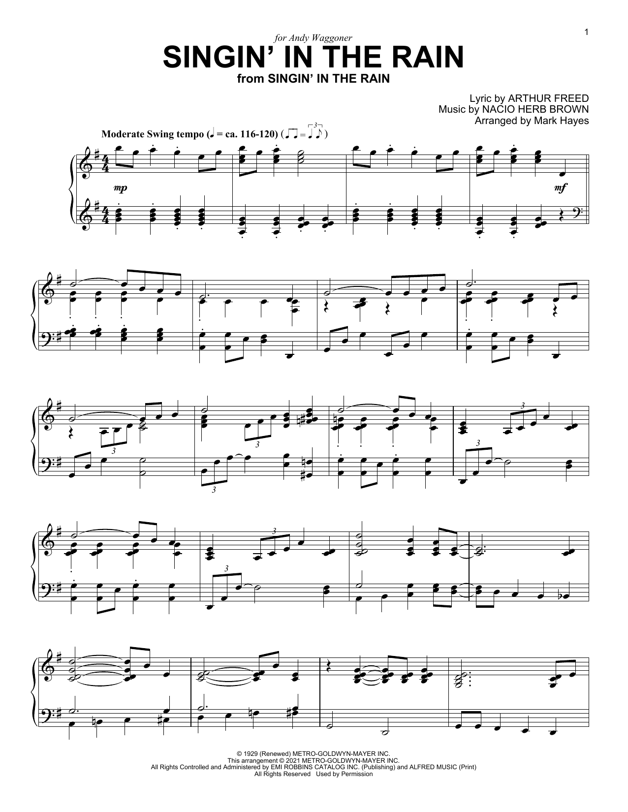 Nacio Herb Brown Singin' In The Rain (from Singin' In The Rain) (arr. Mark Hayes) Sheet Music Notes & Chords for Piano Solo - Download or Print PDF