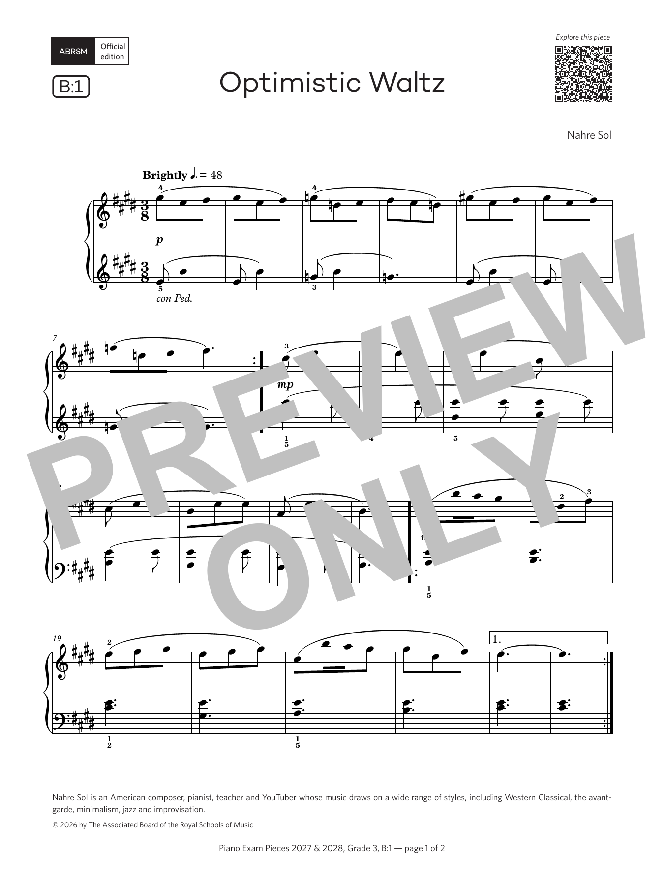 Nahre Sol Optimistic Waltz (Grade 3, list B1, from the ABRSM Piano Syllabus 2027 & 2028) Sheet Music Notes & Chords for Piano Solo - Download or Print PDF