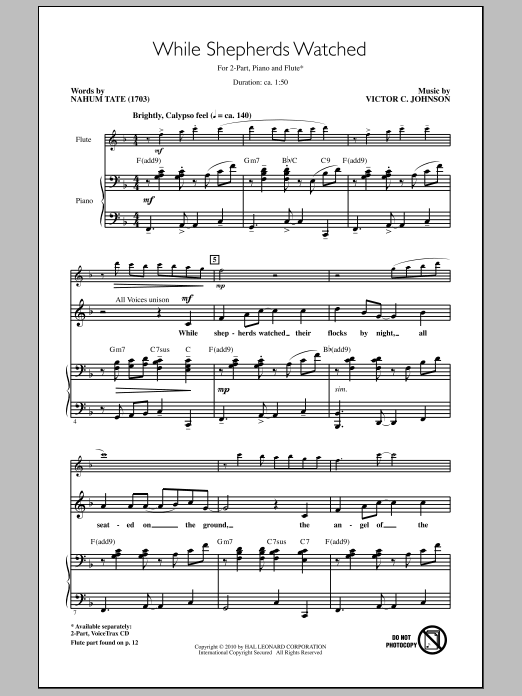 Nahum Tate While Shepherds Watched Sheet Music Notes & Chords for 2-Part Choir - Download or Print PDF