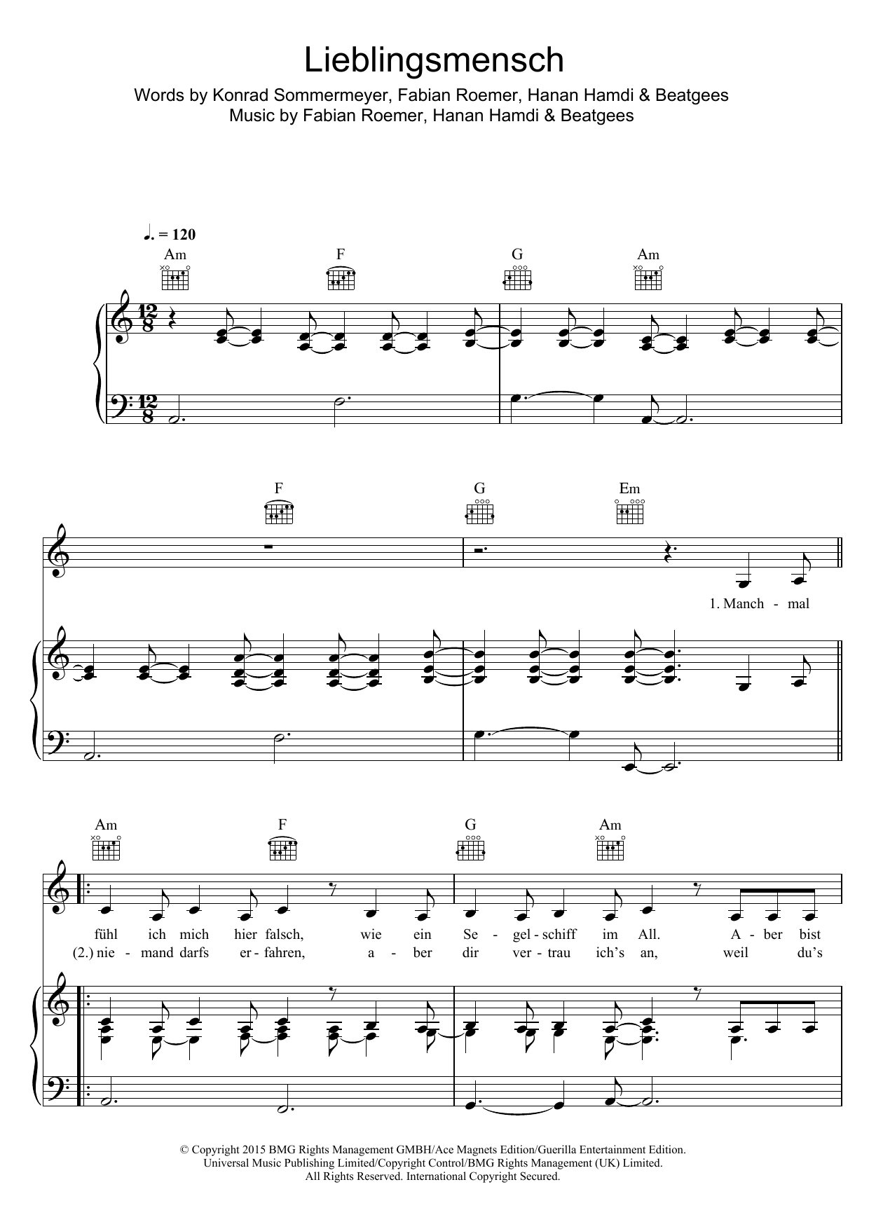 Namika Lieblingsmensch Sheet Music Notes & Chords for Piano, Vocal & Guitar (Right-Hand Melody) - Download or Print PDF
