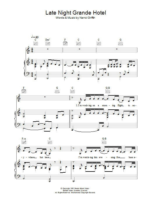 Nanci Griffith Late Night Grande Hotel Sheet Music Notes & Chords for Piano, Vocal & Guitar (Right-Hand Melody) - Download or Print PDF