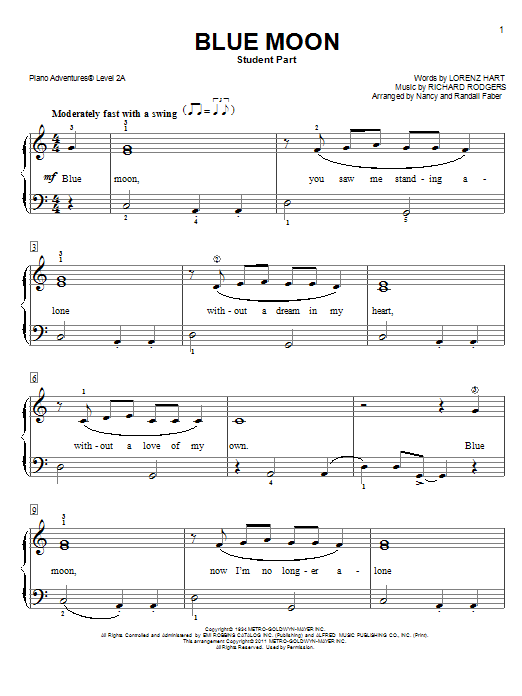 Nancy and Randall Faber Blue Moon Sheet Music Notes & Chords for Piano Adventures - Download or Print PDF