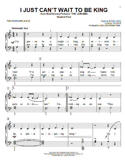 Nancy and Randall Faber I Just Can't Wait to Be King Sheet Music Notes & Chords for Piano Adventures - Download or Print PDF