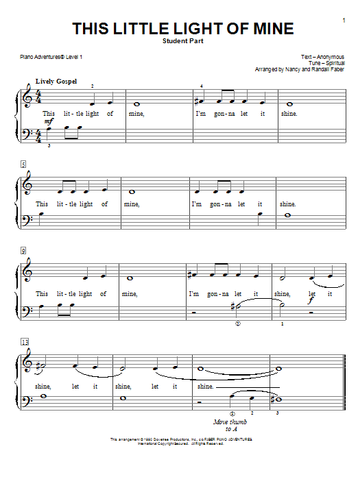 Nancy and Randall Faber This Little Light of Mine Sheet Music Notes & Chords for Piano Adventures - Download or Print PDF